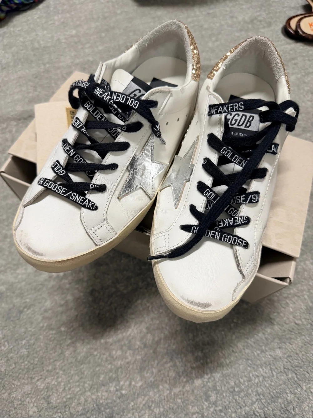 Golden Goose White Sneakers with Silver Star and Gold Heel - Picture 1 of 6